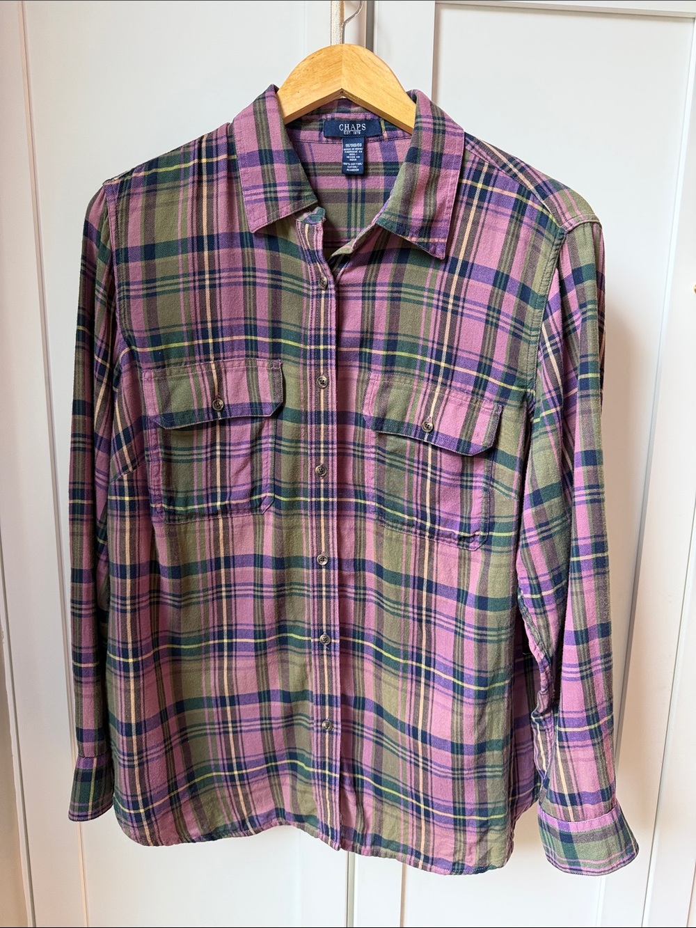 Chaps Pink and Green Plaid Long-Sleeve Button-Down Flannel Shirt